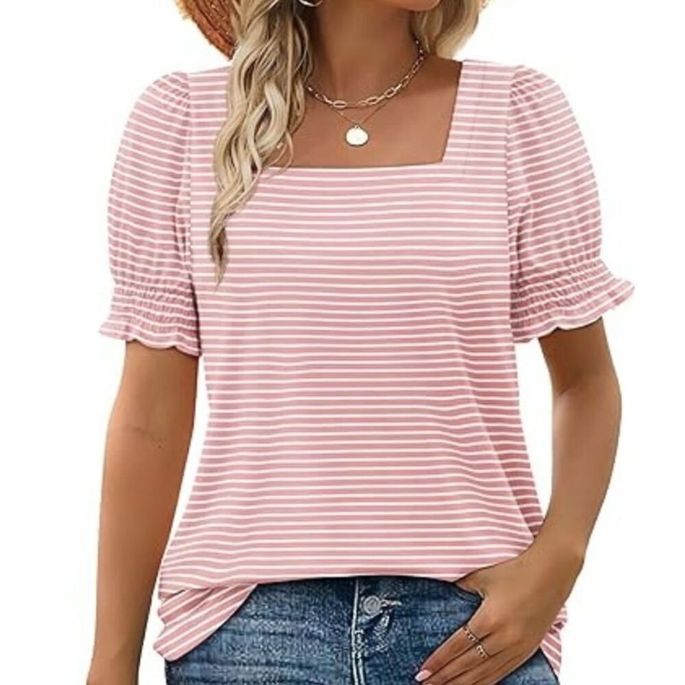 LEVEN SIXTEEN Women Summer Casual Ruffle Top Red and White L